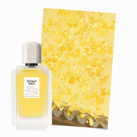Golden Rain perfume by Soulvent beside an illustration of golden osmanthus blossom falling over a Suzhou courtyard roof