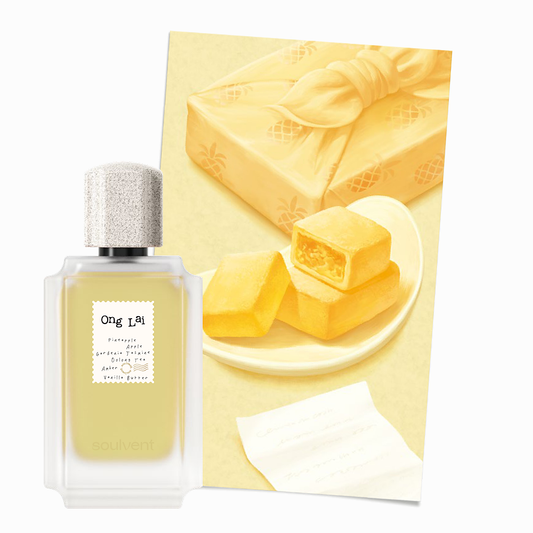 Ong Lai perfume by Soulvent beside an illustration of Taiwanese pineapple cake wrapped in cloth