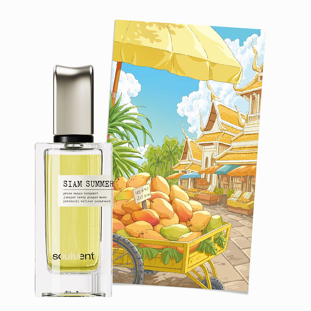 Siam Summer perfume by Soulvent beside an illustration of a Bangkok street market mango cart and temple