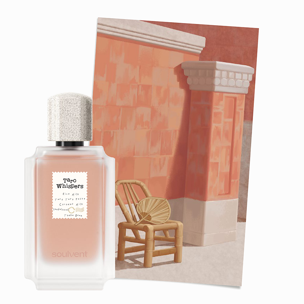 Taro Whispers perfume by Soulvent beside an illustration of an old Fuzhou courtyard with bamboo chair and paper fan