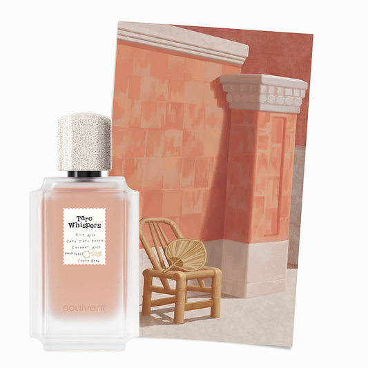 Taro Whispers perfume by Soulvent beside an illustration of an old Fuzhou courtyard with bamboo chair and paper fan